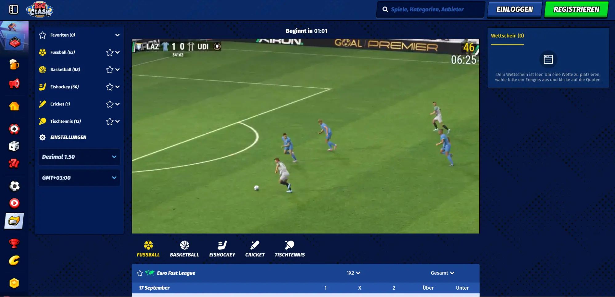 Live Sportwetten BigClash Fußball Live Stream mit Quotenanzeige im BigClash Casino